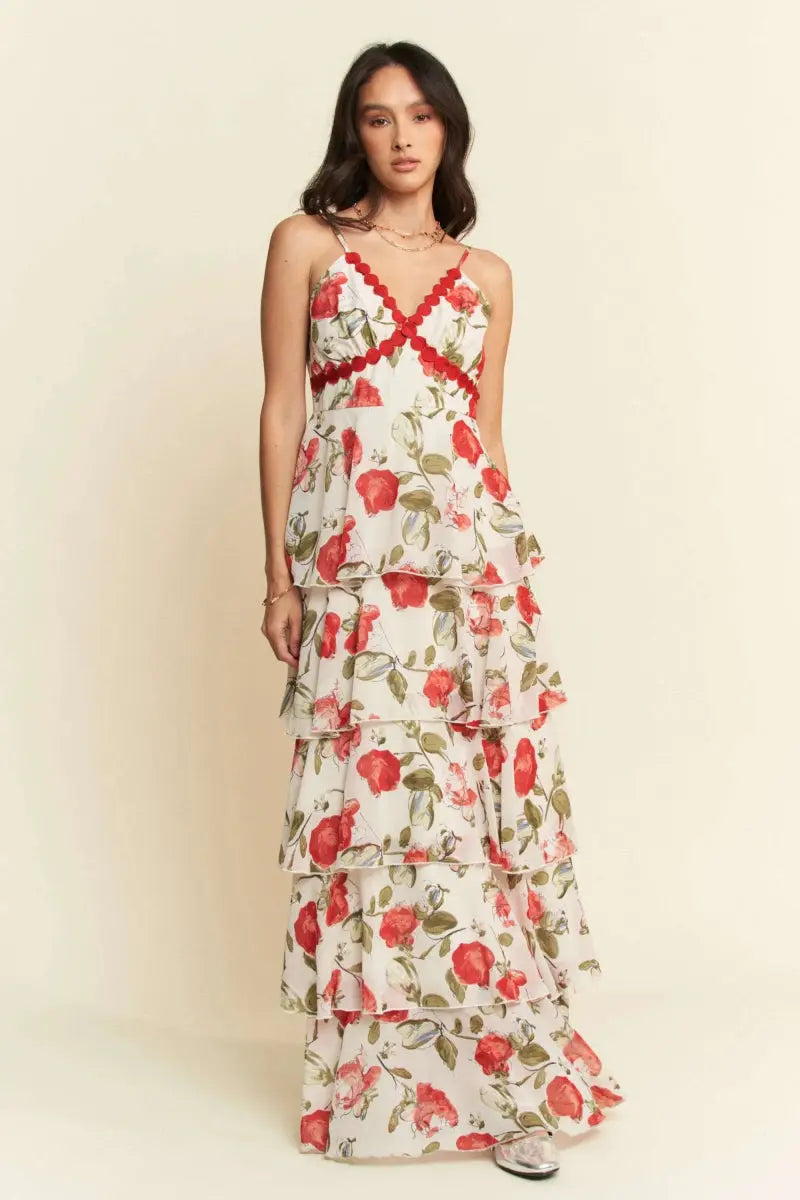 Davi & Dani Contrast Ring Lace Layered Ruffle Maxi Dress - Love Salve